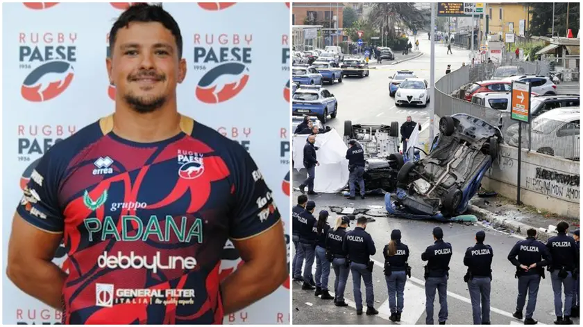 Amar Kudin quando vestiva la maglia del Rugby Paese e a destra la scena dell'incidente a Roma