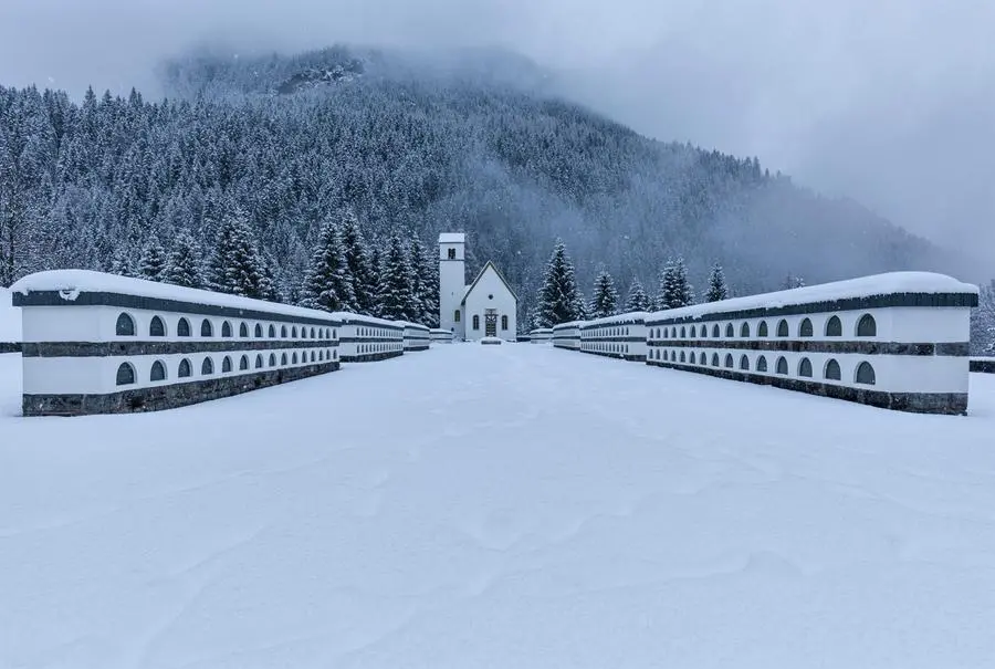 Europe, Italy, Veneto, Belluno, Livinallongo del Col di Lana. Military sacrarium in memory of the fallen of World War I. Pian di Salesei, Dolomites.