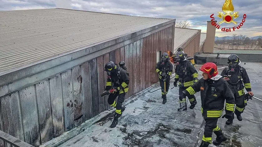 L'intervento dei vigili del fuoco per domare le fiamme in un'azienda di legnami a Istrana