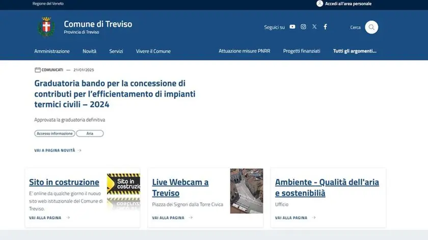 La home page del sito internet del Comune di Treviso “in costruzione”