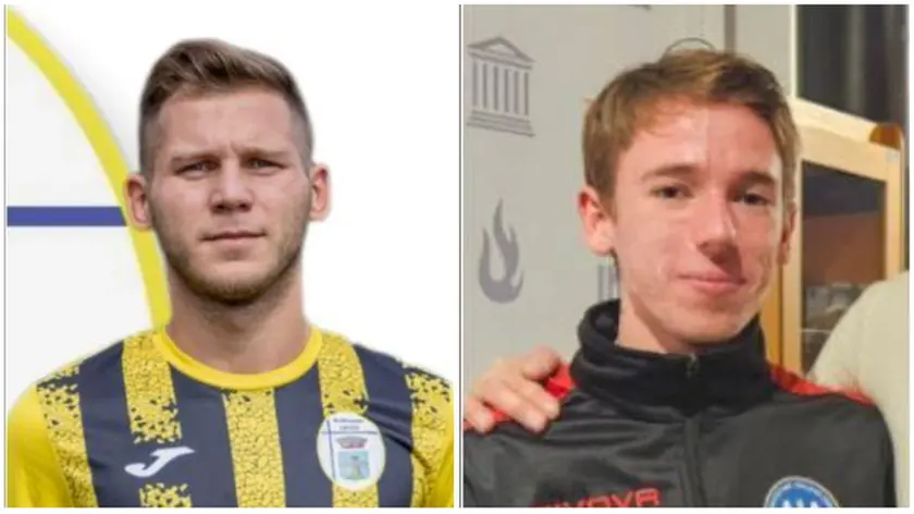 Riccardo Lovatello con la divisa del Susegana e a destra l’arbitro Simone Morsanutto