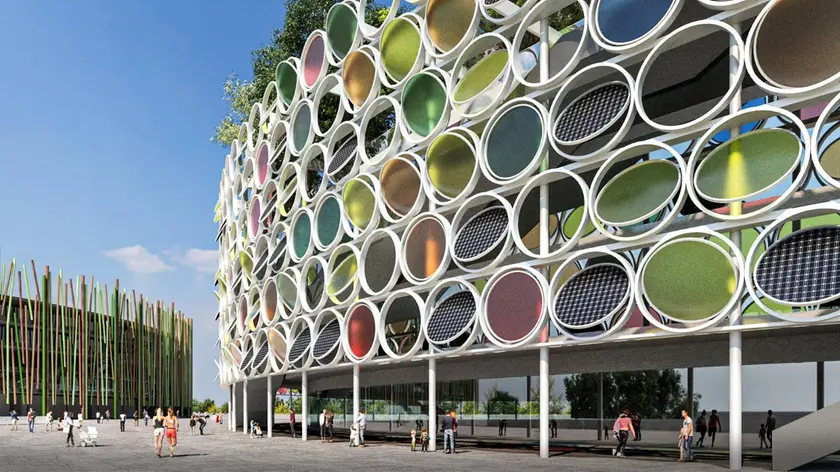 Un render della nuova arena da 12mila posti, in fase di realizzazione nell'ambito del progetto "Bosco dello Sport", situata vicino all'aeroporto Marco Polo di Venezia