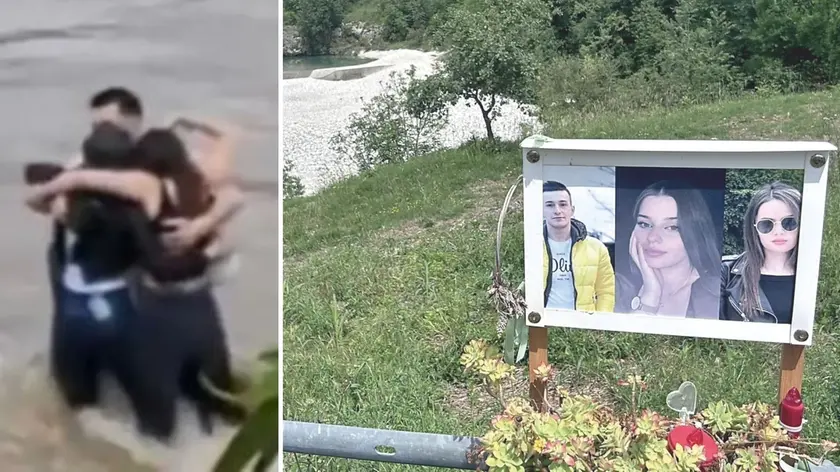 L’abbraccio tra i tre ragazzi diventato il simbolo della tragedia del Natisone, a destra le loro foto a Premariacco