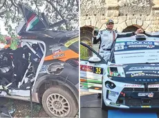 A sinistra la Peugeot 208 Rally 4 di Doretto e Pellegrini dopo lo schianto. A destra, Samuele Pellegrino e Matteo Doretto festeggiano il 3° posto al Rally delle Due Valli di Verona, lo scorso 31 maggio