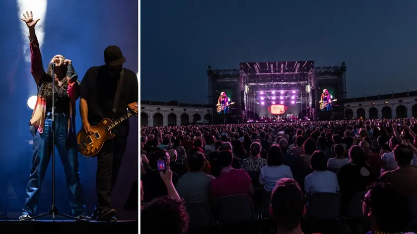 Due momenti del concerto di Alanis Morissette a Villa Manin
