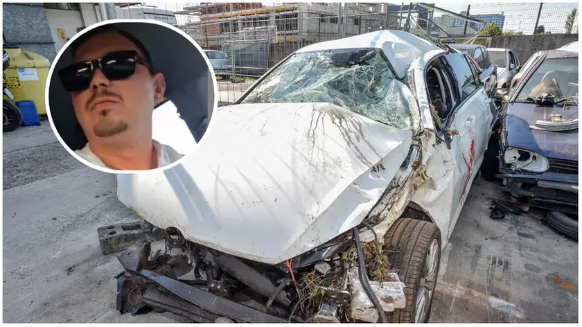 L'auto dopo lo schianto, nel riquadro Orlando Battistutti