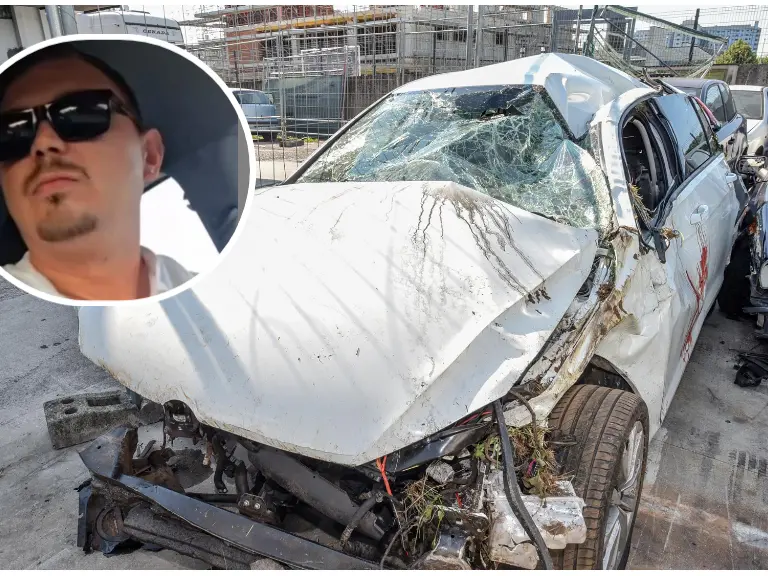 L'auto dopo lo schianto, nel riquadro Orlando Battistutti