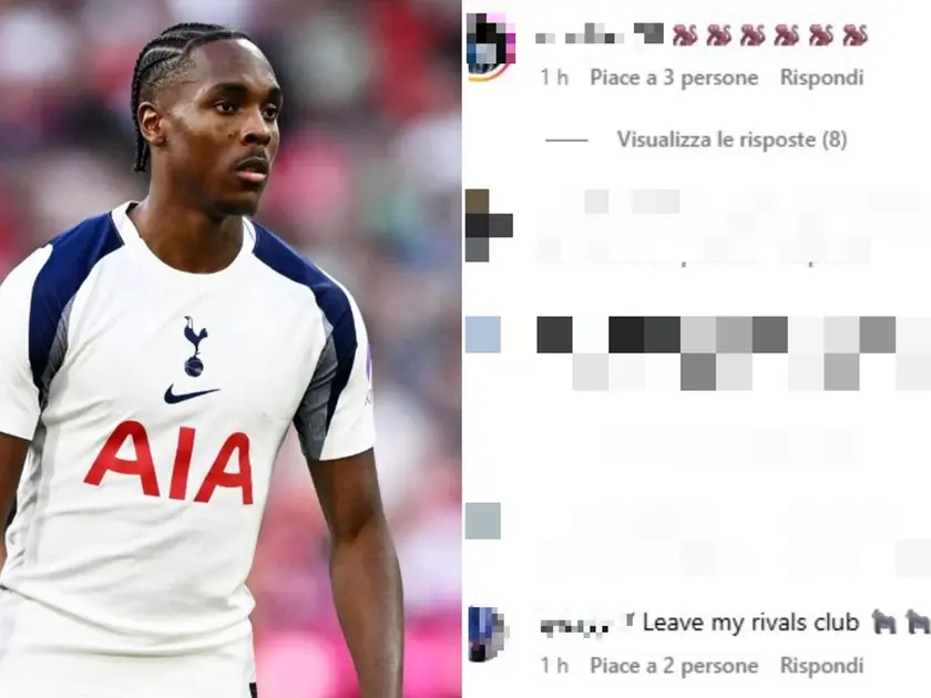 A sinistra Mathys Tel, a destra alcuni dei commenti razzisti apparsi sul suo profilo Instagram
