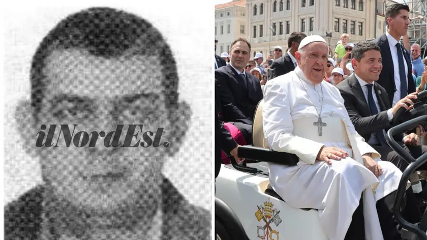 A sinistra il cittadino turco sospettato, a destra Papa Francesco in piazza Unità a Trieste il 7 luglio 2024 (foto Lasorte)