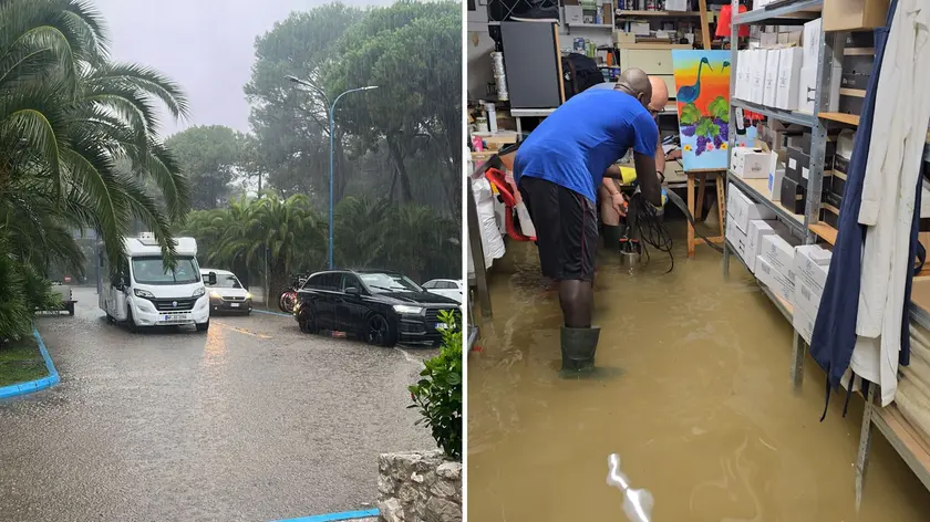 L'evacuazione dei turisti al camping Pino Mare e i locali allagati dell'hotel Arizona, a Lignano Riviera