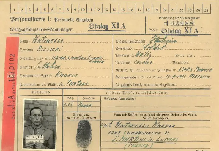 Parte del documento di registrazione del sergente Antonello al Campo XIA Altengrabow, settembre 1943