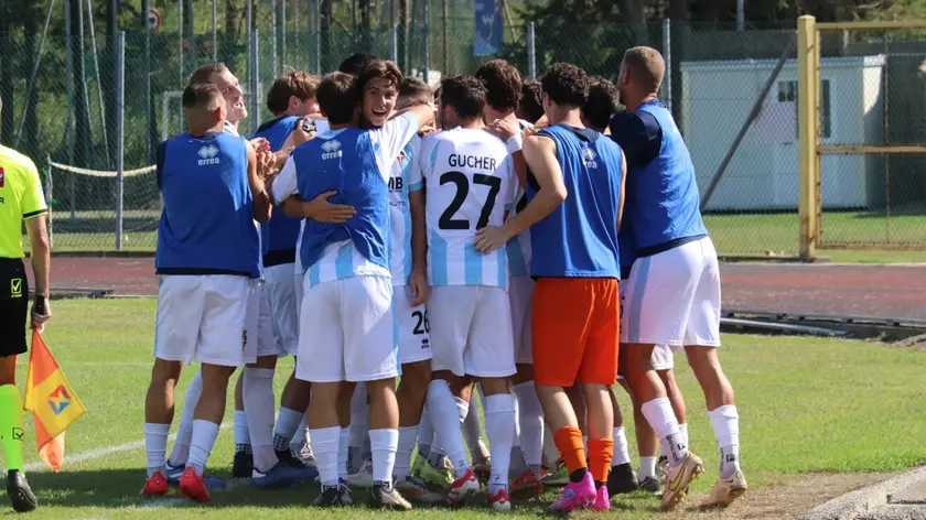 L'esultanza del Treviso calcio dopo la vittoria contro l'Adriese