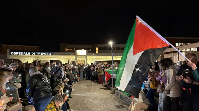 Il corteo dei Pro Pal di fronte all'ospedale Ca' Foncello di Treviso