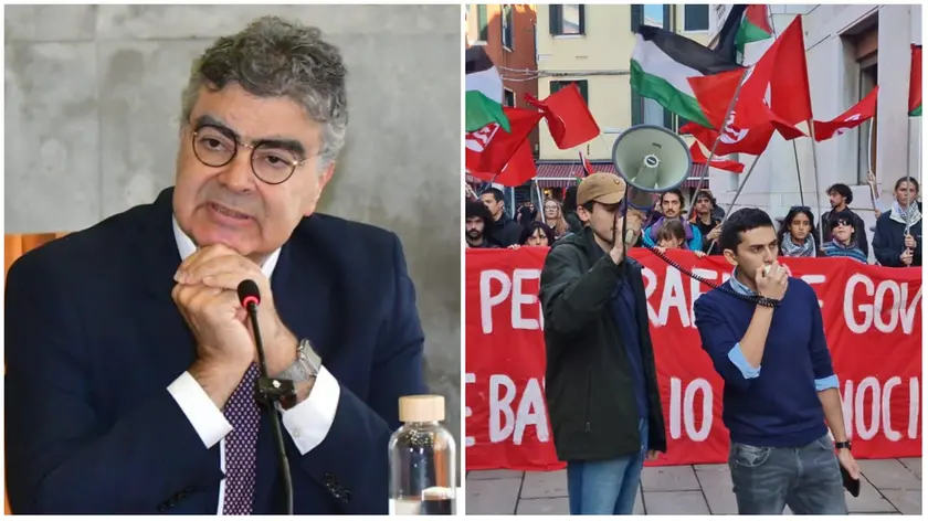 Emanuele Fiano a Ca' Foscari e a fianco la contestazione all'esterno (foto Matteo Tagliapietra/Interpress)