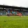 Una meta del trevigianissimo Tommaso Menoncello, stella del Benetton Rugby, allo stadio Monigo: proprio in quella zona nascerà la nuova tribuna del tempio del rugby