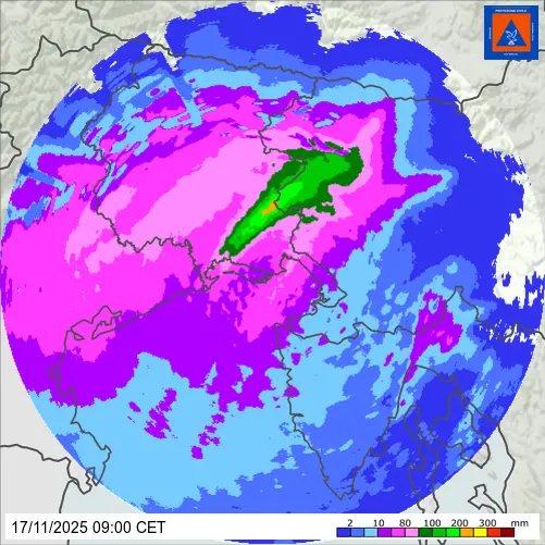 Nell'immagine presa dal radar dell’Osmer Arpa, la pioggia cumulata caduta sull’Isontino e parte del Friuli