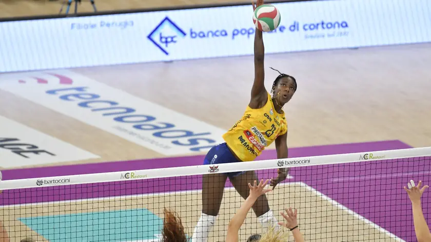 La schiacciata di Sillah nel match tra Perugia e Conegliano. Credit LVF