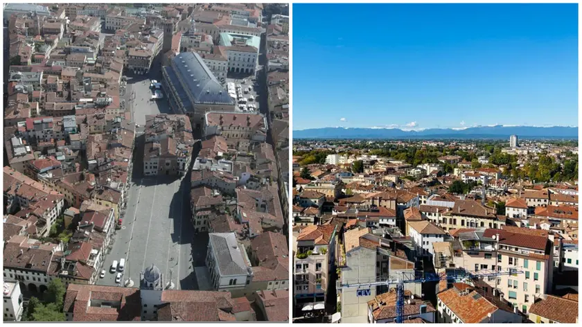 Il centro storico di Padova visto dall'alto, a destra Treviso
