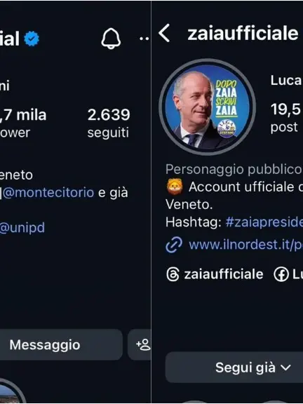 Le bio degli account Instagram di Stefani e Zaia