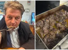 Stefano Valdegamberi assaggia la nutria e a fianco la teglia di carne