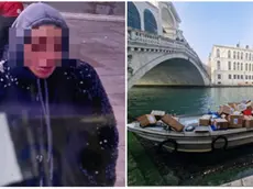 La donna fermata dopo il furto con incidente a Rialto e a fianco la barca schiantatasi contro il parapetto sul Canal Grande