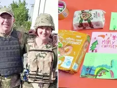 Enzo Uliana e la moglie Zoriana Khushni in partenza per l’Ucraina, vicino i disegni e i doni dei bambini