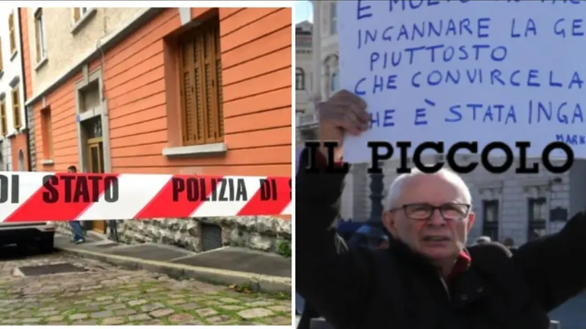 A sinistra il luogo del delitto, a destra il gioielliere triestino Nicola Granieri a una protesta No-vax a Trieste