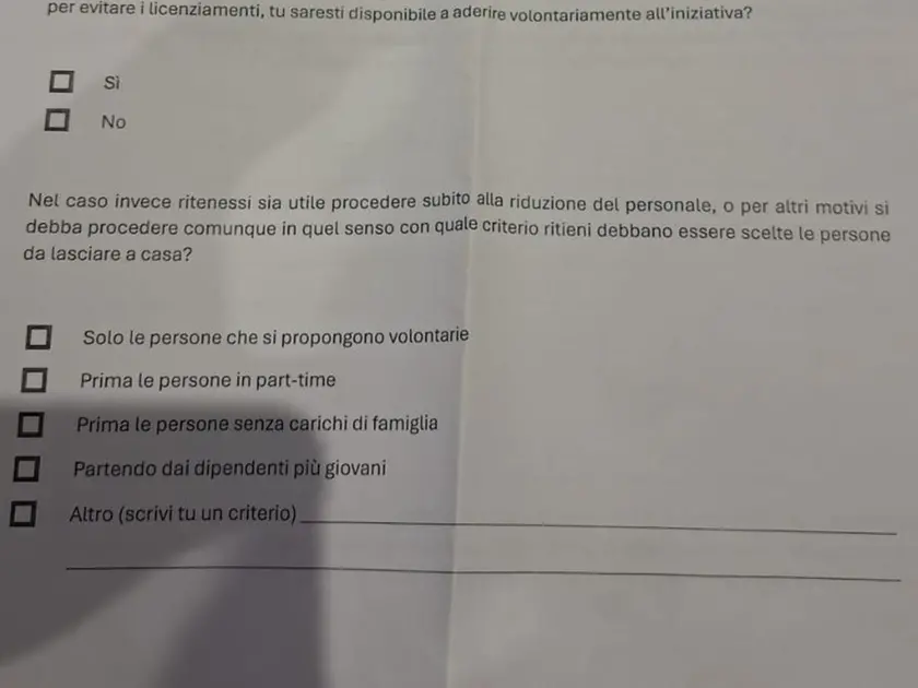 Il questionario dato ai dipendenti