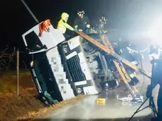 Il camion ribaltato (foto vigili del fuoco)