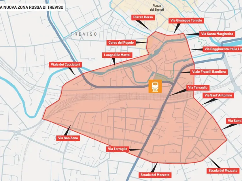 Mappa della nuova zona rossa di Treviso