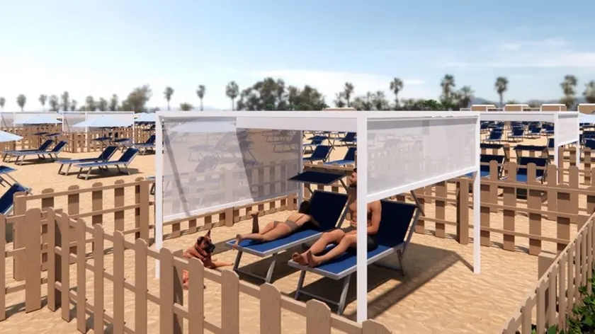 Un rendering delle postazioni previste dalla nuova spiaggia (anche) per i cani a Bibione