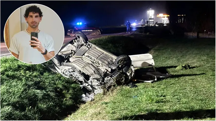 Nel tondo Samuel Mazzon, sullo sfondo le immagini dello schianto