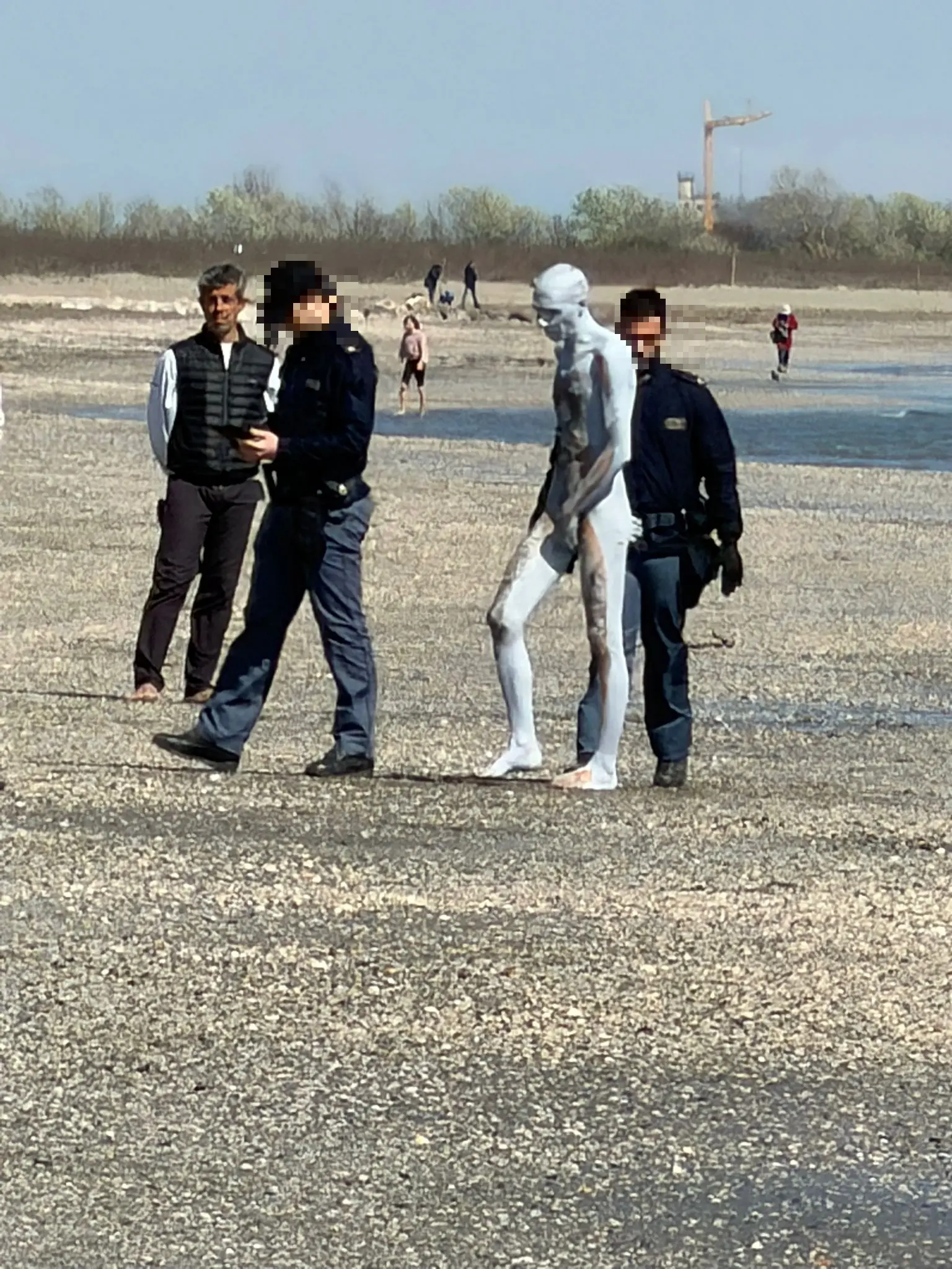 L'uomo nudo e coperto di vernice bianca al Lido