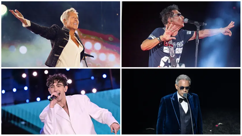 In senso orario partendo dall'alto a sinistra: Claudio Baglioni, Edoardo Bennato, Andrea Bocelli e Michele Bravi