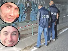 Nel tondo in alto la vittima, Marco Cossi, in basso Samuele Donadello. Nella foto grande i rilievi sul luogo del delitto