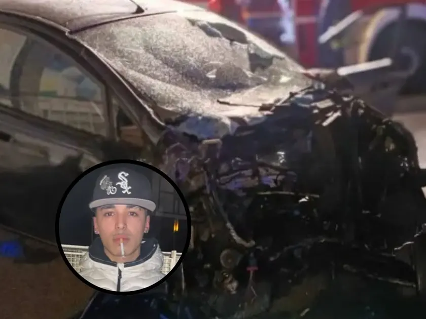 Nel tondo, Marian Racovita. Nella foto grande le condizioni della sua auto dopo lo schianto