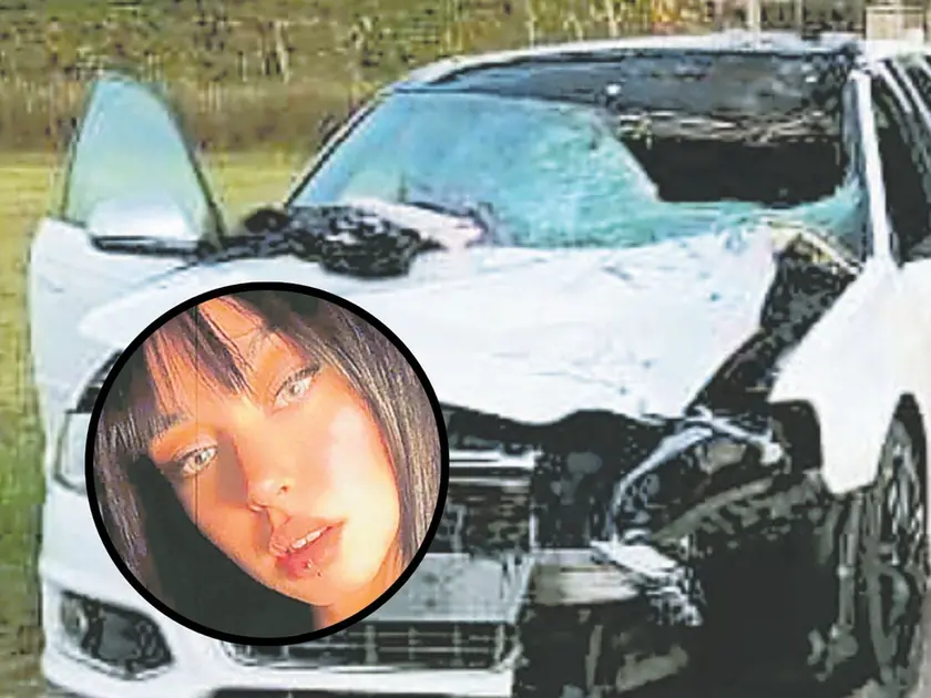 Nel tondo Miriam Ciobanu, nella foto grande l’Audi distrutta guidata dall’operaio di San Zenone risultato positivo ad alcol e droga