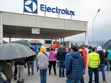 I lavoratori fuori dallo stabilimento Electrolux di Porcia (Foto Petrussi / Brisotto)