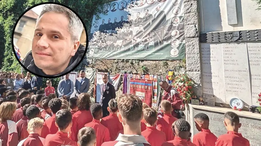 Daniele Ballarin e, nella foto grande, una commemorazione a Superga
