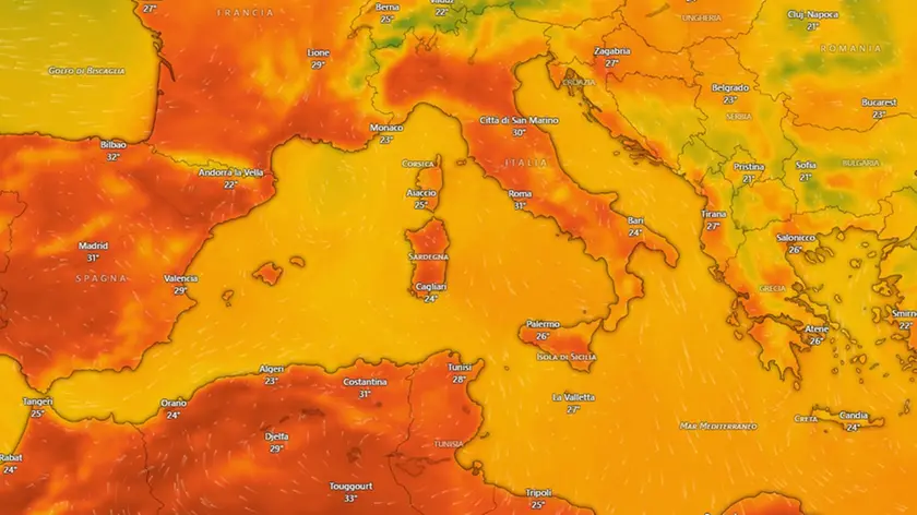 Meteo Veneto: arriva l’anticiclone africano, prima ondata di caldo con temperature fino a 35 gradi (foto Windy)