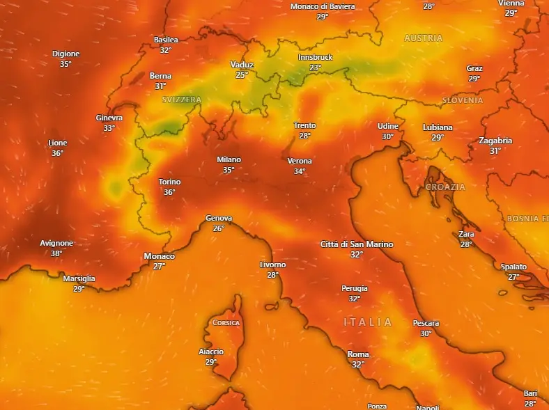 Nordest nella morsa del caldo estremo: temperature fino a 39 gradi in pianura (Foto: Windy)