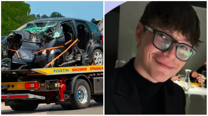 L'auto coinvolta nell'incidente e la vittima Carlo Boscolo (foto Pòrcile)