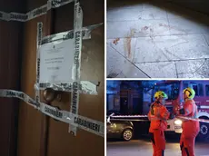 A sinistra l’appartamento sotto sequestro, a destra in alto le tracce di sangue, in basso i soccorsi venerdì sera in via Battisti (fotoservizio Andrea Lasorte)