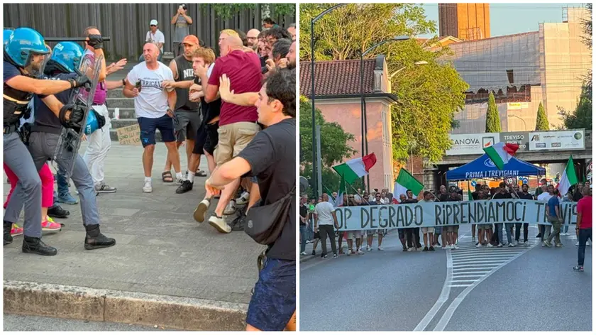 I tafferugli tra rappresentanti dei centri sociali e forze dell'ordine e a destra il corteo di Prima i trevigiani (fotofilm)