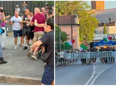 I tafferugli tra rappresentanti dei centri sociali e forze dell'ordine e a destra il corteo di Prima i trevigiani (fotofilm)