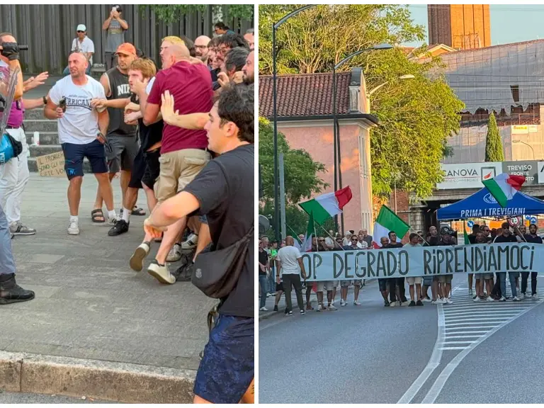 I tafferugli tra rappresentanti dei centri sociali e forze dell'ordine e a destra il corteo di Prima i trevigiani (fotofilm)