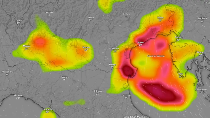 La perturbazione prevista per domenica 26 luglio in Veneto (windy)