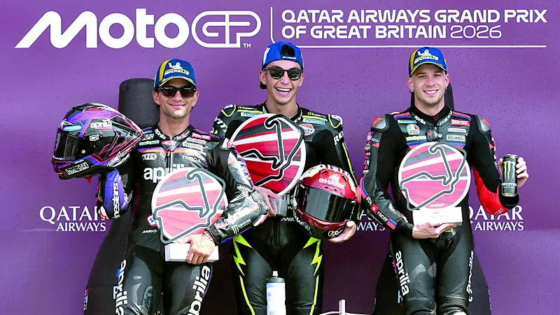 Il podio del triplete dell’Aprilia nel Gran Premio di domenica scorsa a Silverstone