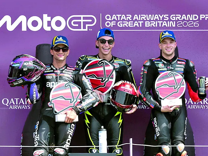 Il podio del triplete dell’Aprilia nel Gran Premio di domenica scorsa a Silverstone