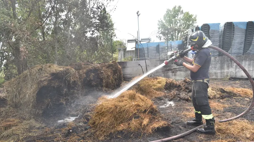 Un vigile del fuoco al lavoro nel deposito (foto Cavicchi/Macca)
